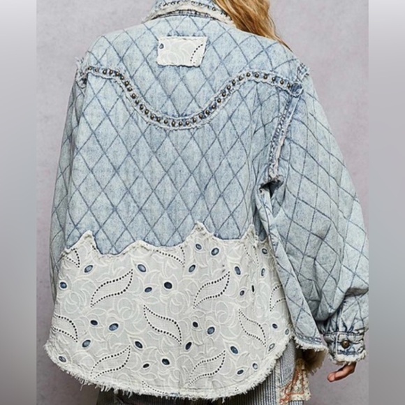 POL Light Blue Lined Quilted Studded Denim/Lace Detail Shacket Jacket - Picture 2 of 2